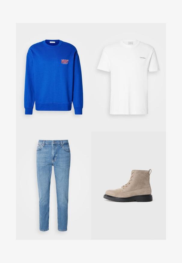 Blauwe sweatshirt met ronde hals, lange mouwen en geribbelde manchetten. Heeft "VERY" geborduurd in rood en wit op de linkerborst. Zachte textuur.; Witte katoen T-shirt met korte mouwen en een ronde hals. Bevat een klein zwart "Calvin Klein" logo op de linkerborst.; Lichtblauwe denim jeans met een rechte pasvorm, vijf zakken en subtiele vervaging. Voorzien van een knoopsluiting en riemlussen.; Beige suède enkellaarsjes met zwarte rubberen zool, vetersluiting en een klein logo dat aan de zijkant is gedrukt, voorzien van een trekloop aan de achterkant.