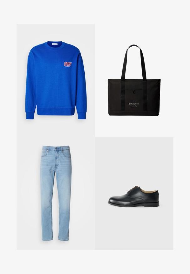 Blauwe sweatshirt met ronde hals, lange mouwen en geribbelde manchetten. Heeft "VERY" geborduurd in rood en wit op de linkerborst. Zachte textuur.; Lichtblauwe denim jeans met een rechte pasvorm, vijf zakken en riemlussen. De stof heeft een gladde textuur met een lichte vervaging.; Calvin Klein ESS DERBY - Veterschoenen - triple black; Zwarte Calvin Klein totebag met twee lange handvatten en een voorvak, met het logo van het merk in wit en grijs.