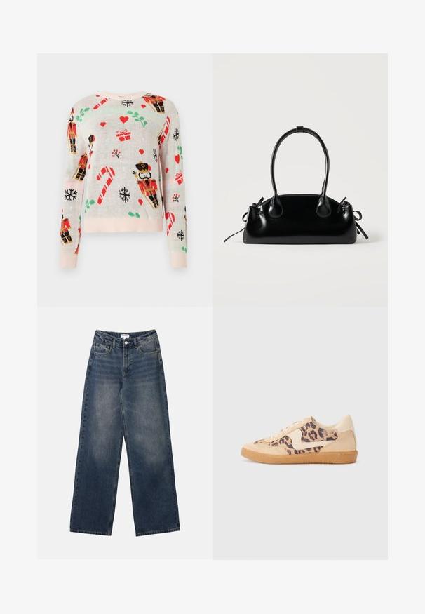 Pull léger beige mettant en avant des motifs de Noël, incluant des soldats de bois, des cadeaux, des cannes en sucre et des cœurs. Col et poignets côtelés de couleur rose.; Jeans en denim bleu taille haute pour hommes, avec jambes larges, bouton et fermeture éclair à l'avant, ainsi que poches avant et arrière.; Baskets en imprimé léopard avec tige en suède beige, semelle en caoutchouc tan et accents blancs. Bout rond et design à lacets avec une finition texturée.; Petit sac à main noir brillant avec deux longues anses et des détails à cordon sur les côtés sur un fond clair uni.