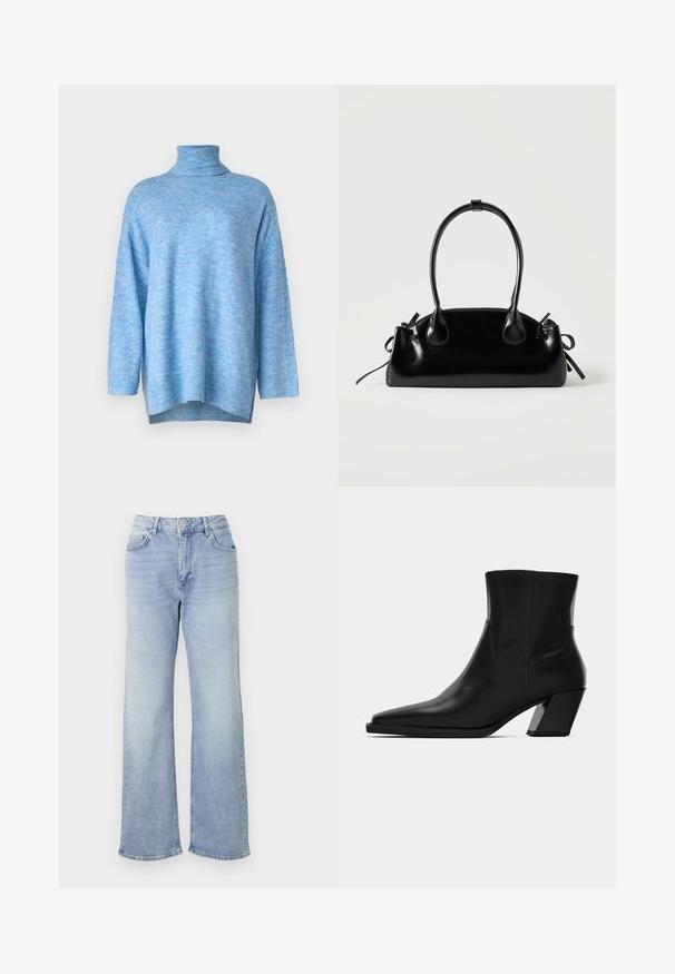 Pull à col roulé bleu clair en maille douce, à la coupe décontractée, avec des manches longues et des fentes latérales à l'ourlet.; Jean large bleu clair en denim, avec une taille haute, cinq poches et un ourlet légèrement effiloché.; Bottine en cuir noir avec un bout pointu, une silhouette élégante et un talon carré massif. Texture lisse avec des détails de couture minimalistes.; Petit sac à main noir brillant avec deux longues anses et des détails à cordon sur les côtés sur un fond clair uni.