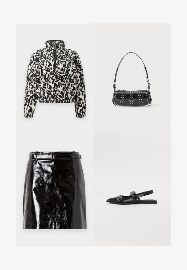 Fleece pullover in ivoorkleur met zwart abstract patroon, voorzien van een halve ritskraag en elastische manchetten voor een comfortabele pasvorm.; Zwarte glanzende leren minirok met bijpassende riem en centrale naaddetails.; Even&Odd Slingback ballerina´s - black; Zwarte lakleren schoudertas met zilveren studs in verticale rijen en een klein zilveren vogel-embleem in het midden aan de voorkant.