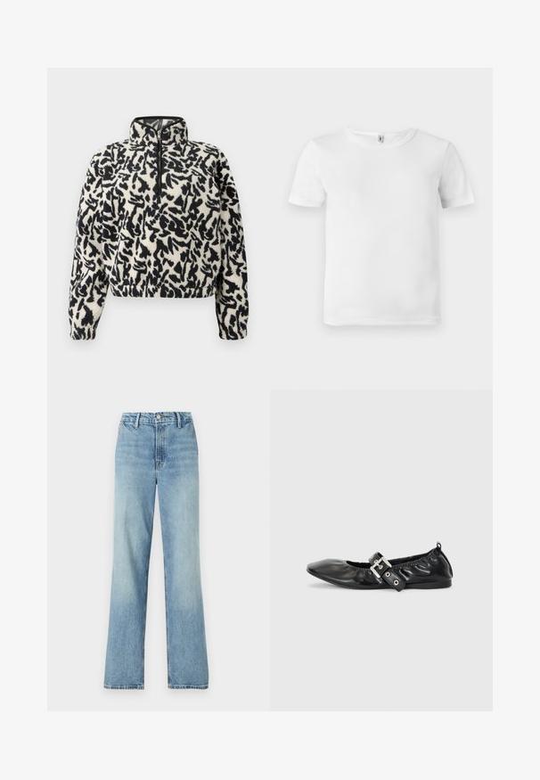 Fleece pullover in ivoorkleur met zwart abstract patroon, voorzien van een halve ritskraag en elastische manchetten voor een comfortabele pasvorm.; Witte t-shirt met korte mouwen en een geribde textuur. Klassieke ronde hals, geen zichtbare logo's of patronen, en een eenvoudig, strak ontwerp.; Good American GOOD CARPENTER - Wide leg - indigo; Zwarte leren platte schoen met een spitse neus, geplooide details rond de opening en een zilveren gespaccentueerde verstelbare band.