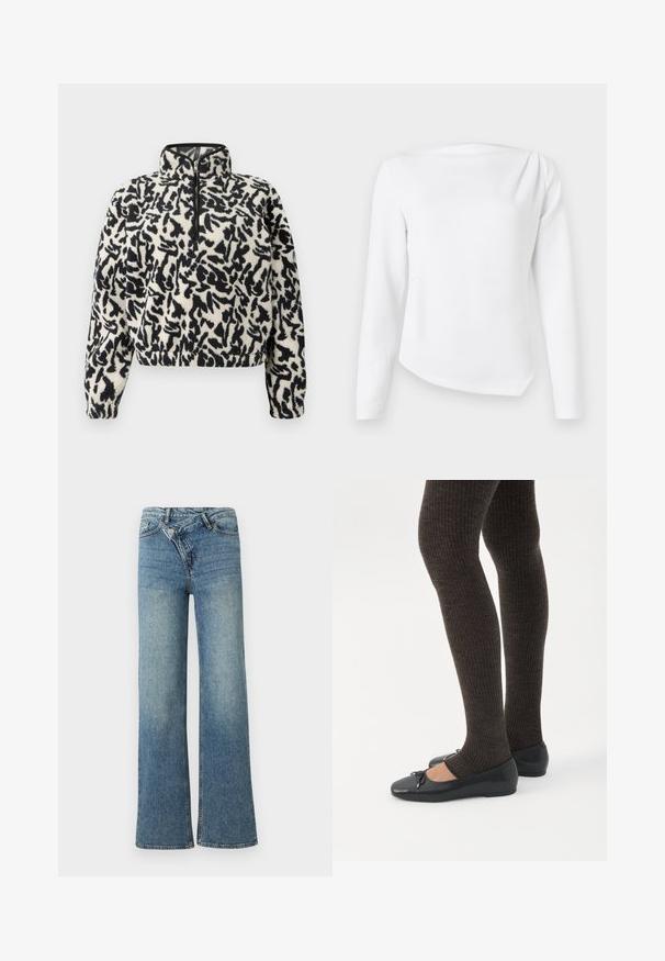 Fleece-pullover i elfenben med sort abstrakt mønster, med halv lynlås ved kraven og elastiske manchetter for en tætsiddende pasform.; Hvid bluse med lange ærmer, bådudskæring og let asymmetrisk kant, vist på en simpel lys baggrund.; Lyseblå denim jeans med vide ben og høj talje, let falmet effekt og knaplukning foran. Har fem lommer og minimal syning.; Ben iført mørke ribbede leggings kombineret med sorte balletsko med små sløjfedetaljer på hvid baggrund.