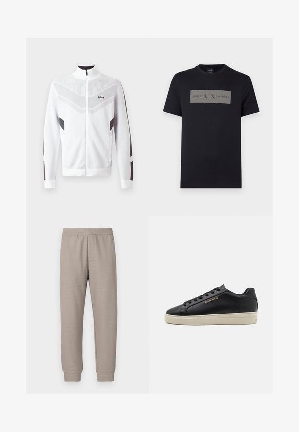Weiße Zip-Jacke mit hohem Kragen, versehen mit einem strukturierten Muster und dunkelgrauen Akzenten an Ärmeln und Seiten. Logo auf der Brust.; Schwarzes Kurzarm-T-Shirt mit Rundhalsausschnitt und einem weißen rechteckigen Motiv mit diagonalen Linien und dem "A|X"-Logo mittig auf der Brust.; Beige zulaufende Jogginghosen aus weichem Stoff mit elastischem Bund und dezentem, strukturiertem Muster. Für Komfort und Vielseitigkeit entworfen.; Schwarze Leder-Sneaker mit glatter Oberfläche, kontrastierender cremefarbener Sohle, abgerundeter Spitze, goldfarbenem Logo an der Seite und sechs Ösen für die Schnürsenkel.