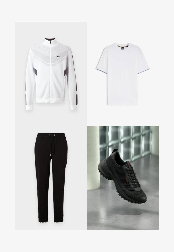 Witte zip-up jacket met een hoge kraag, met een gestructureerd patroon en donkergrijze accenten op de mouwen en zijkanten. Logo op de borst.; BOSS BOSS THOMPSON 250_IN - T-shirt basic - natural one; Zwarte sweatpants van zachte stof, met een elastische tailleband met trekkoord, zijzakken en gather cuffs bij de enkels.; Zwarte Calvin Klein sneaker met mesh bovenwerk, gewatteerde kraag en robuuste zool, zwevend boven een betonnen vloer.