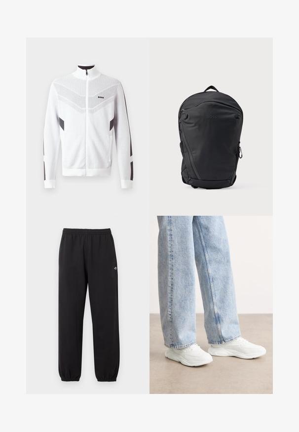 Chaqueta blanca con cremallera y cuello alto, con un patrón texturizado y acentos gris oscuro en las mangas y los lados. Logotipo en el pecho.; Pantalones deportivos negros de Adidas con cintura y puños elásticos, que presentan un pequeño logo blanco de trébol de Adidas en la parte superior de la pierna izquierda.; Zapatillas deportivas blancas con un diseño liso y moldeado, y suelas texturizadas, combinadas con unos jeans de mezclilla sueltos y de color azul claro.; Mochila negra hecha de tela lisa y resistente con un diseño elegante y curvado. Cuenta con compartimentos con cremallera y un logotipo de la marca en la parte frontal.