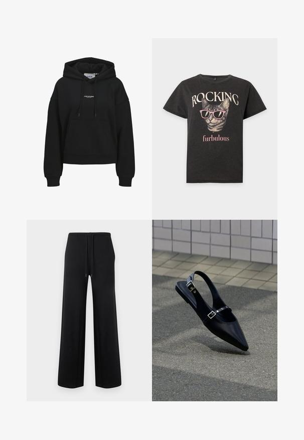Schwarzer Hoodie mit Fronttasche, Kordelzugkapuze, gerippten Bündchen und Saum sowie kleinem weißen "JJXX STUDIO"-Schriftzug mittig auf der Brust.; Schwarzes T-Shirt mit einer Katze, die rosa Sonnenbrillen trägt, und den Worten "ROCKING" über und "furbulous" unter der Katzengrafik.; Schwarze, weit geschnittene Hose mit elastischem Bund und Kordelzug, flach auf einem schlichten hellen Hintergrund liegend dargestellt.; Schwarzer Slingback-Flachschuh mit spitz zulaufender Spitze und doppelten Schnallenriemen, ruhend auf grauem Asphalt nahe einer gefliesten Wand.