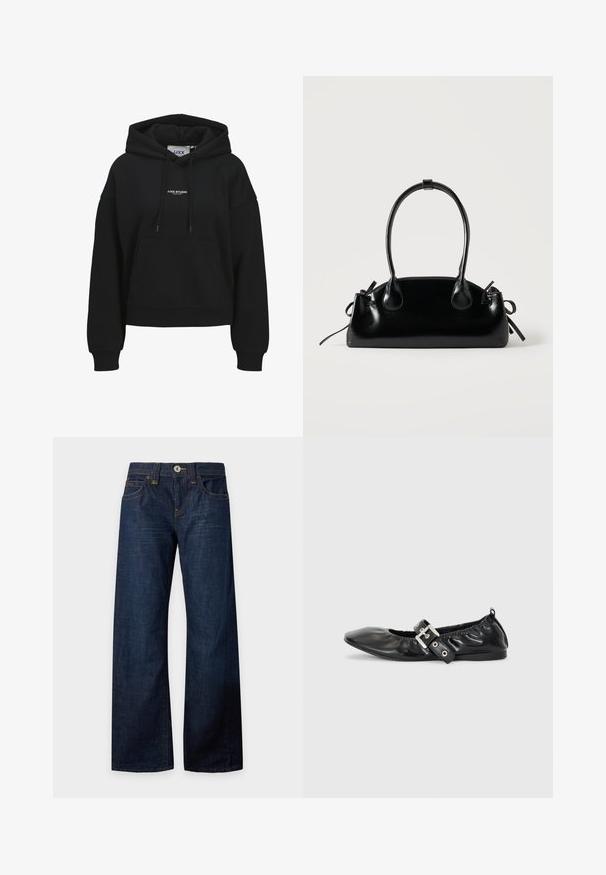 Schwarzer Hoodie mit Fronttasche, Kordelzugkapuze, gerippten Bündchen und Saum sowie kleinem weißen "JJXX STUDIO"-Schriftzug mittig auf der Brust.; Dunkelblaue Jeans mit weitem Bein, Knopf- und Reißverschluss, Vorder- und Gesäßtaschen, Gürtelschlaufen und Kontrastnähten, flach auf weißem Hintergrund ausgelegt.; Schwarze Leder-Ballerinas mit spitzem Zehenbereich, gerafften Details am Schaft und einem silbernen Schnallenakzent am verstellbaren Riemen.; Kleine schwarze glänzende Handtasche mit zwei langen Griffen und seitlichen Kordelzug-Details vor einfachem hellem Hintergrund.