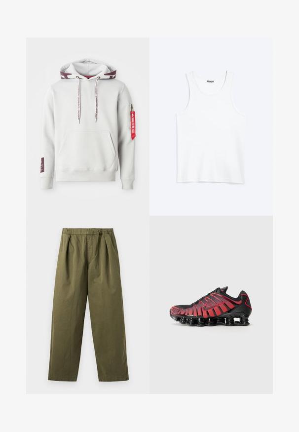 Lys grå hættetrøje med en frontlomme, justerbare snøretræk og en sidelomme med lynlås, der har et rødt mærke. Ribstrikkede manchetter og kant.; Hvid ærmeløs tanktop med rund halsudskæring og Weekday-mærke på den indvendige baghals, vist fladt på lys baggrund.; Olivengrønne bukser med vidde ben, elastisk talje og forreste læg, vist mod en lys baggrund.; Sorte og røde atletik sko har en mesh-overdel med lodrette striber og en polstret krave, understøttet af en særpræget, segmenteret sål.
