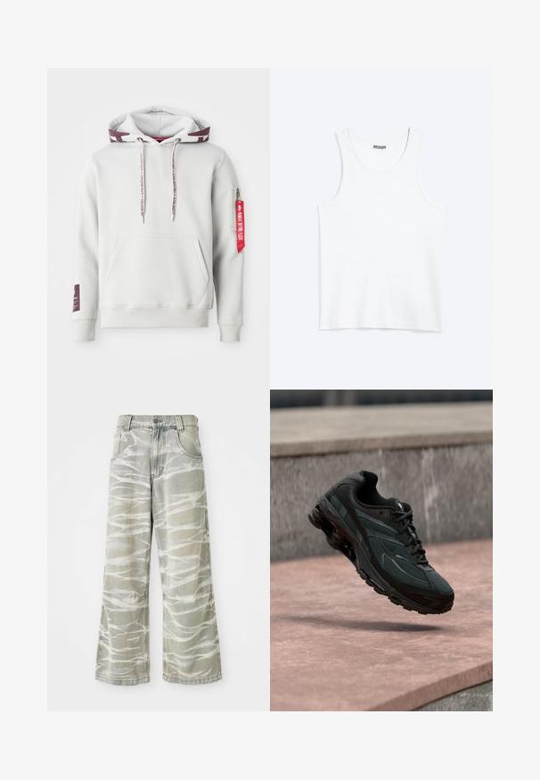 Hoodie gris clair avec une poche avant, des cordons de serrage ajustables et une poche zippée latérale avec une étiquette rouge. Poignets et ourlet côtelés.; Débardeur blanc sans manches avec col rond et étiquette de la marque Weekday à l'intérieur du col arrière, présenté à plat sur un fond clair.; Jeans en denim gris clair avec une jambe large, ornés de motifs abstraits blancs, cinq poches et une fermeture à bouton à l'avant. Détail d'ourlet effiloché.; Baskets athlétiques noires avec une semelle intercalaire à coussin d’air visible flottant au-dessus d’une surface en pierre rose avec un mur en pierre gris en arrière-plan.