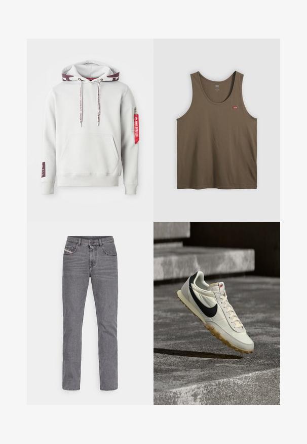 Hellgraue Kapuzenjacke mit Vordertasche, verstellbaren Kordeln und einer seitlichen Reißverschlusstasche mit einem roten Etikett. Gerippte Bündchen und Saum.; Braunes ärmelloses Baumwoll-Top mit rotem Levi's-Logoetikett auf der oberen linken Brust, dargestellt vor einem schlichten hellen Hintergrund.; Graue Jeans aus Denim mit geradem Bein, ausgestattet mit einem Knopfverschluss, fünf Taschen und einer dezenten, verwaschenen Optik.; Weißer und schwarzer Nike-Sneaker mit Kautschuksohle, über Betontreppen schwebend, beleuchtet von natürlichem Sonnenlicht.