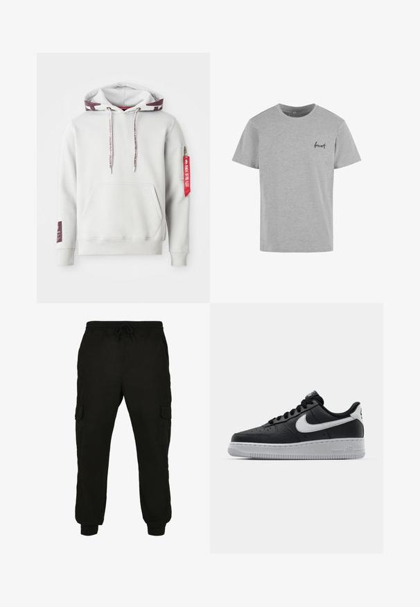 Lys grå hættetrøje med en frontlomme, justerbare snøretræk og en sidelomme med lynlås, der har et rødt mærke. Ribstrikkede manchetter og kant.; Grå bomulds T-shirt med rund hals og korte ærmer. Har en lille sort broderet tekst "forest" på venstre bryst. Standard pasform.; Sorte cargo bukser lavet af blødt stof, med elastisk talje og snøre, sidelommer og smalle manchetter.; Sort lædersneaker med tekstureret overflade, hvid Nike swoosh, grå sål, rund tå og snørebåndsdesign. Har perforeringer på tåboksen.