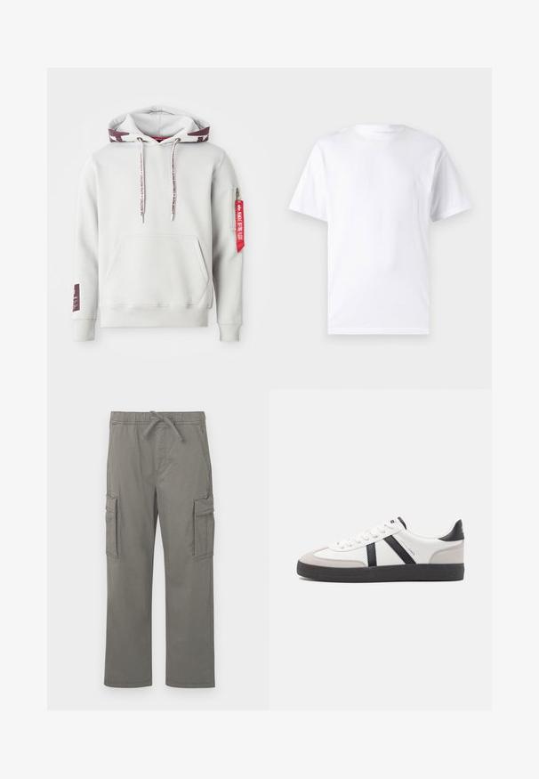 Lys grå hættetrøje med en frontlomme, justerbare snøretræk og en sidelomme med lynlås, der har et rødt mærke. Ribstrikkede manchetter og kant.; Hvid kortærmet t-shirt lavet af bomuld med rund hals, der har en glat tekstur og et simpelt design uden mønstre eller accenter.; Grå cargo bukser med lige ben, elastisk talje, binding, sidelommer med klap og forlommer præsenteret på en hvid baggrund.; Hvide sneakers med sorte og grå detaljer, med en tekstureret grå tåhætte, sort gummisål og flade hvide snørebånd. Rent design, minimalistisk stil.