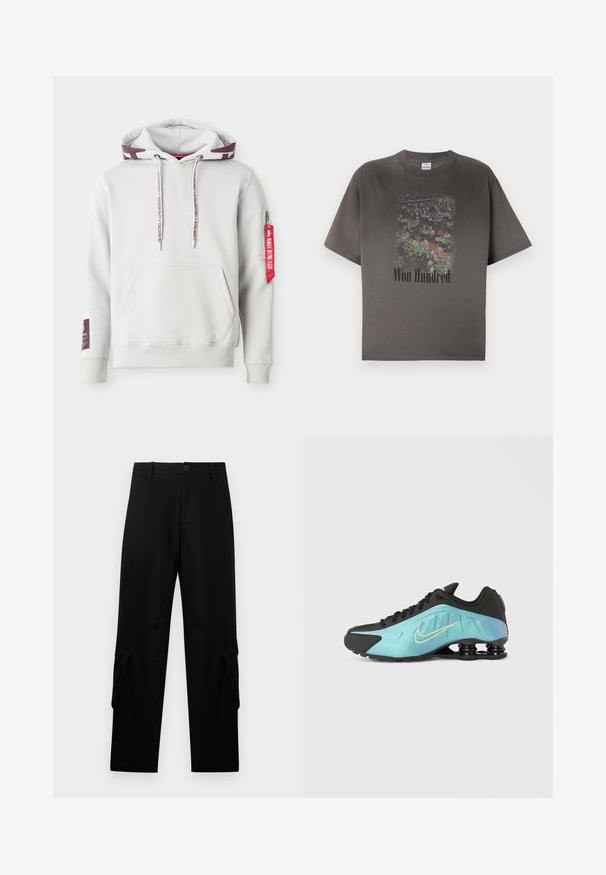 Hellgraue Kapuzenjacke mit Vordertasche, verstellbaren Kordeln und einer seitlichen Reißverschlusstasche mit einem roten Etikett. Gerippte Bündchen und Saum.; Dunkelgraues T-Shirt mit einem verblassten Motiv einer überfüllten Indoor-Szene und dem Text "Won Hundred" in Schwarz unten in der Mitte.; Schwarze Cargo-Hose mit geradem Bein, Gürtelschlaufen, vorderem Knopf, Reißverschluss und Klappentaschen an jedem Oberschenkel.; Schwarzer Sneaker mit einem Farbverlauf in Türkis, versehen mit einem goldenen Logo, einer strukturierten Oberfläche und markanter Polsterung an der Sohle.