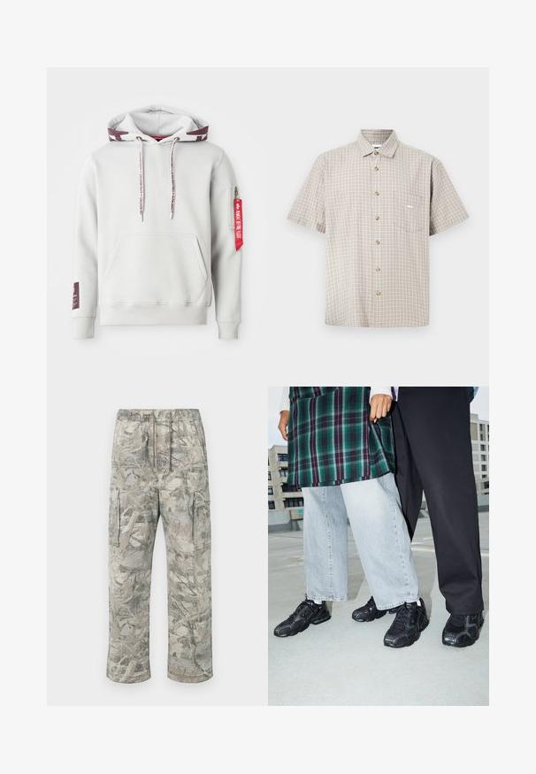 Lys grå hættetrøje med en frontlomme, justerbare snøretræk og en sidelomme med lynlås, der har et rødt mærke. Ribstrikkede manchetter og kant.; Kortærmet skjorte med knapper i beige og creme ternet mønster, med en lomme på venstre bryst og brune knapper. Fremstillet af letvægtsstof.; Camo cargo bukser i grå og beige nuancer, med elastisk vask og snøre, samt sidelommer. Fremstillet af letvægtsstof.; Sorte atletik sko med mesh- og gummidetaljer. Båret med lysegrå vide jeans og en ternet grøn bluse. Flad overflade i baggrunden.