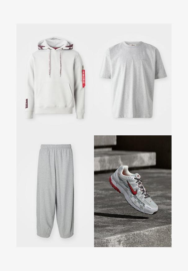 Lys grå hættetrøje med en frontlomme, justerbare snøretræk og en sidelomme med lynlås, der har et rødt mærke. Ribstrikkede manchetter og kant.; Grå t-shirt med korte ærmer lavet af blødt stof. Har en rund halsudskæring og et diskret logo broderet på fronten.; Lys grå, løstsiddende sweatpants lavet af blød stof. Elastisk talje og manchetter ved anklerne. Enkel og udekoreret design.; Hvid og grå Nike løbesko med røde accenter og sorte snørebånd, ophængt over grå beton-trin.