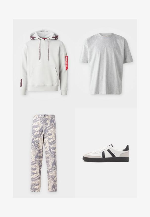 Hoodie gris clair avec une poche avant, des cordons de serrage ajustables et une poche zippée latérale avec une étiquette rouge. Poignets et ourlet côtelés.; T-shirt gris à manches courtes en tissu doux. Il présente un col rond et un logo subtil brodé sur le devant.; Pantalons en crème légers présentant un motif de vagues abstraites bleues. Ils ont une coupe droite, avec deux plis à l'avant et une fermeture à bouton.; Baskets blanches avec des accents noirs et gris, présentant un embout texturé gris, une semelle en caoutchouc noir et des lacets plats blancs. Design épuré, style minimaliste.