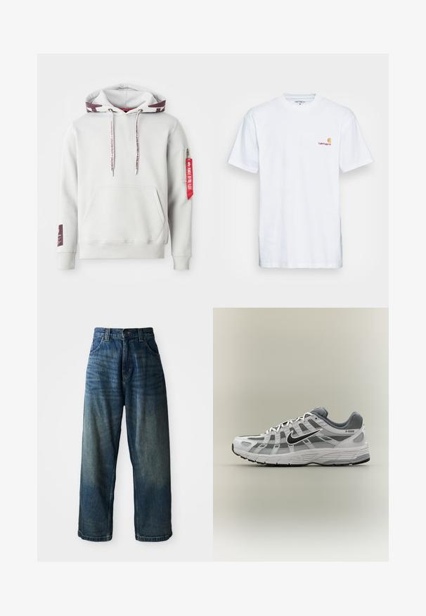 Lys grå hættetrøje med en frontlomme, justerbare snøretræk og en sidelomme med lynlås, der har et rødt mærke. Ribstrikkede manchetter og kant.; Hvid bomulds t-shirt med korte ærmer. Designet med et lille orange og maroon logo på venstre bryst. Har en klassisk rund hals.; Bredde ben blå denimjeans med en falmet finish. Har fem lommer, knaplukning og kontrasterende syninger. Tyk stof.; Hvid og grå Nike P-6000 sneaker med sort swoosh, meshpaneler og tekstureret sål, vist i sideprofil på neutral baggrund.