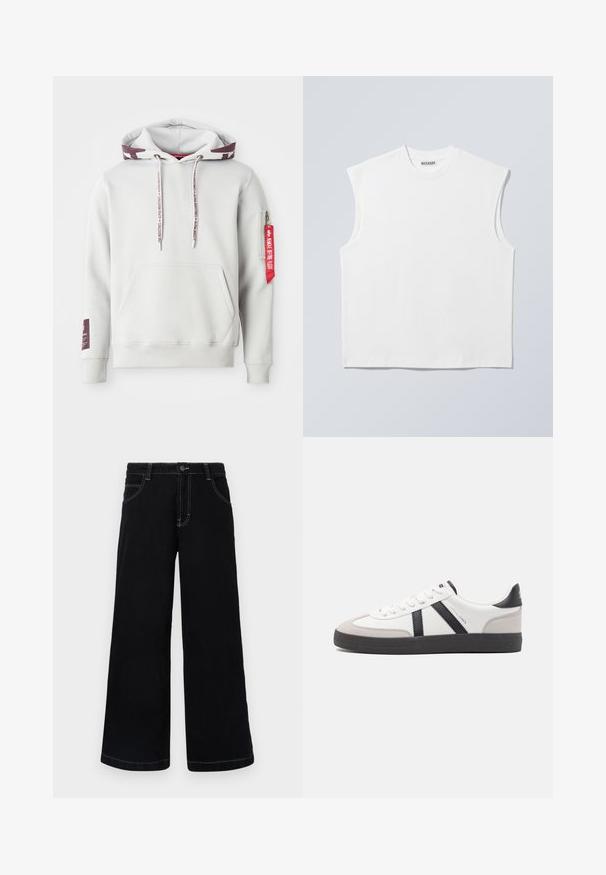 Hoodie gris clair avec une poche avant, des cordons de serrage ajustables et une poche zippée latérale avec une étiquette rouge. Poignets et ourlet côtelés.; Haut blanc sans manches en coton à col rond avec épaules structurées, marqué "WEEKDAY" sur l'étiquette du col, présenté sur un fond gris clair.; Pantalons larges noirs en denim, dotés d'une fermeture à boutons, de cinq poches et de coutures blanches contrastantes le long des coutures.; Baskets blanches avec des accents noirs et gris, présentant un embout texturé gris, une semelle en caoutchouc noir et des lacets plats blancs. Design épuré, style minimaliste.