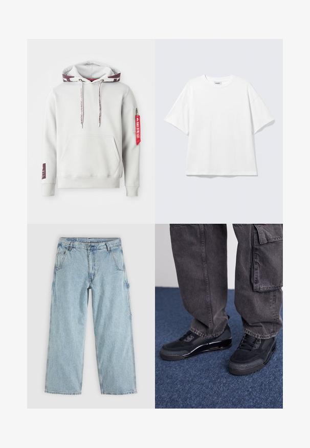 Hoodie gris clair avec une poche avant, des cordons de serrage ajustables et une poche zippée latérale avec une étiquette rouge. Poignets et ourlet côtelés.; T-shirt blanc oversize à manches courtes, col rond, épaules tombantes, posé à plat sur fond gris clair.; Jean denim droit bleu clair avec poches avant, passants de ceinture, fermeture par boutons et une boucle latérale pour outils.; Des chaussures de sport noires avec une surface texturée, des accents lisses et une semelle épaisse, accompagnées de pantalons cargo larges et foncés.