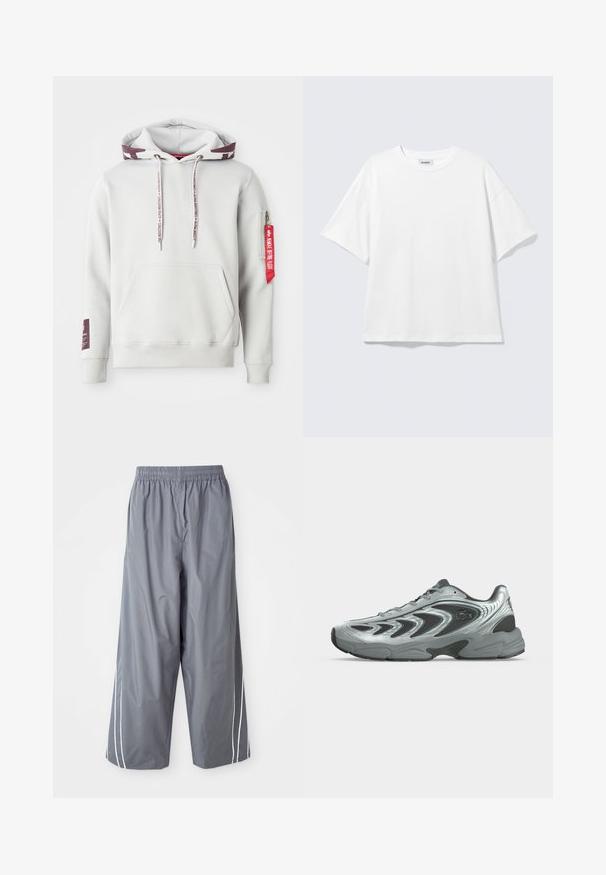 Hoodie gris clair avec une poche avant, des cordons de serrage ajustables et une poche zippée latérale avec une étiquette rouge. Poignets et ourlet côtelés.; T-shirt blanc oversize à manches courtes, col rond, épaules tombantes, posé à plat sur fond gris clair.; Pantalons large en synthétique gris, légers, avec une taille élastique et des rayures blanches sur les côtés. Texture lisse avec un design décontracté.; Baskets athlétiques argentées et noires avec panneaux en mesh, détails de design ondulés et logo visible de la marque sur le côté.