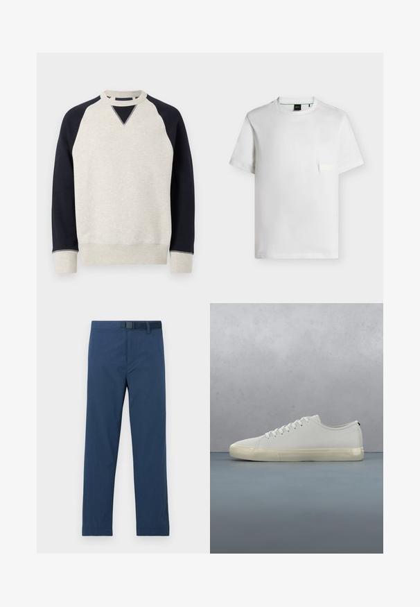 Sweat-shirt à col rond avec corps gris clair, manches raglan noires et poignets et ourlet gris.; T-shirt blanc uni à manches courtes et col rond avec un petit patch rectangulaire sur la poitrine gauche et une étiquette noire à l'intérieur du col.; Pantalon bleu marine en tissu lisse, avec une coupe régulière, des jambes droites et une fermeture à bouton et crochet à la taille.; Baskets en cuir blanc avec lacets flottant au-dessus de carreaux en bois carrés et de petits cailloux, avec un arbre et un fond gris.