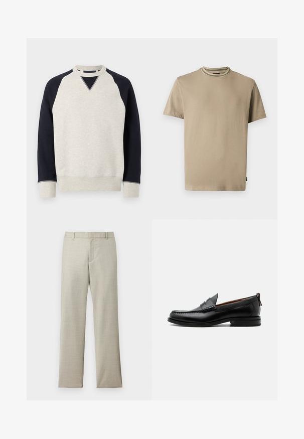Sweat-shirt à col rond avec corps gris clair, manches raglan noires et poignets et ourlet gris.; T-shirt beige à manches courtes et col rond avec détail de col côtelé rayé, vu de face sur fond blanc uni.; Pantalon droit couleur beige clair avec passants pour ceinture, fermeture éclair frontale et texture subtile sur fond blanc.; Mocassin homme en cuir noir avec couture moc toe, bride penny, col texturé et petit talon empilé sur fond blanc.