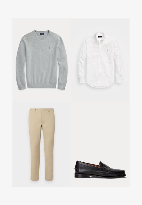 Lys grå langærmet strikket sweater med rund hals, ribbede manchetter og kant, samt lille broderet Polo Ralph Lauren-logo på brystet.; Hvid skjorte med knapper lavet af bomuld, med lange ærmer, en buet bund og et lille broderet logo på brystet.; Beige bomuldsbukser med lige pasform, der har bæltesløjfer, glat front og skræddersyede søm. Glat tekstur og minimal detaljer.; Sort læderloafer med lav hæl og pennyremdetalje, vist fra siden på en lysegrå baggrund.