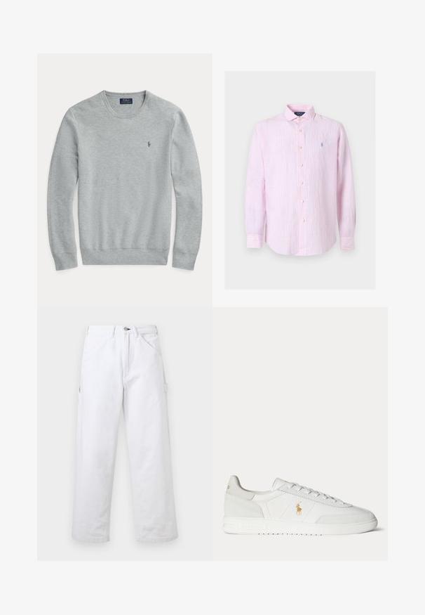 Svetlo šedý pletený sveter s dlhým rukávom, okrúhlym výstrihom, rebrovanými manžetami a spodným lemom, a malým vyšitým logom Polo Ralph Lauren na hrudi.; Svetloružová a biela pruhovaná košeľa s dlhým rukávom, gombíkmi, golierom a malým modrým vyšitým logom na ľavej strane hrudníka.; Biele nohavice s vysokým pásom a rovnými nohavicami, s pútkami na opasok, prednými vreckami, zapínaním na gombíky a bočným úžitkovým vreckom na jednofarebnom pozadí.; Biela nízka teniska so šnurovaním, zlaté logo Polo Ralph Lauren na boku a textúrovaná podrážka na jednofarebnom pozadí.