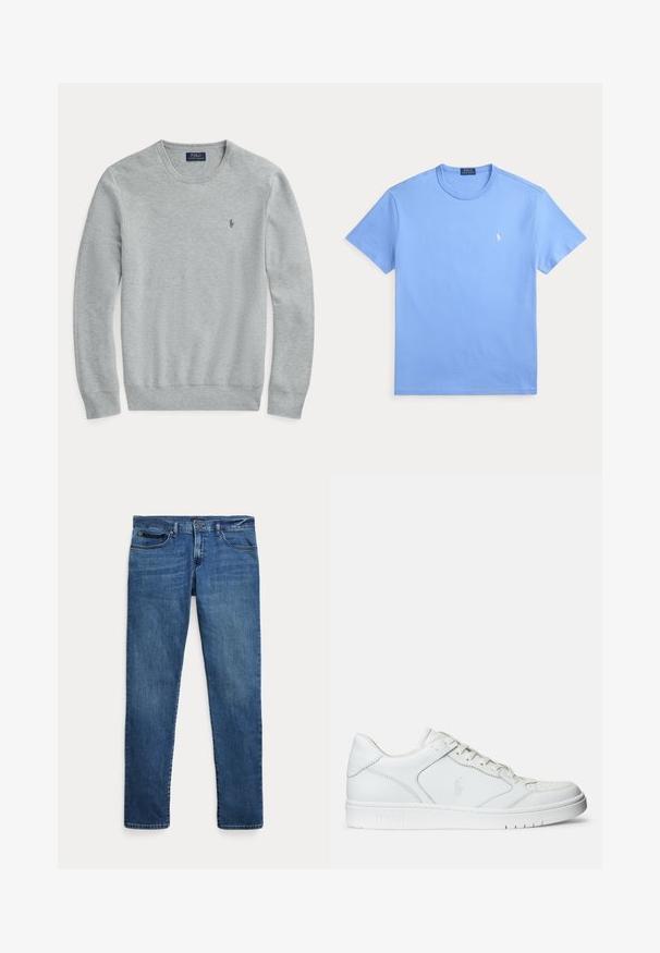 Hellgrauer, langärmeliger Strickpullover mit Rundhalsausschnitt, gerippten Bündchen und Saum sowie kleinem gestickten Polo Ralph Lauren-Logo auf der Brust.; Hellblaues T-Shirt mit kurzen Ärmeln und Rundhalsausschnitt mit kleinem weißem besticktem Polo Ralph Lauren Logo auf der linken Brust.; Blaue Jeans aus Denim mit schmalem Schnitt, ausgestattet mit vorderen Taschen, Gürtelschlaufen und einem Knopfverschluss vor weißem Hintergrund.; Weißer Ledersneaker mit glatter Textur, ausgestattet mit einer perforierten Zehenpartie, Schnürverschluss und gesticktem Logo an der Seite. Weiße Gummisohle.