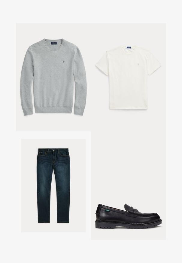 Hellgrauer, langärmeliger Strickpullover mit Rundhalsausschnitt, gerippten Bündchen und Saum sowie kleinem gestickten Polo Ralph Lauren-Logo auf der Brust.; Weißes T-Shirt mit kurzen Ärmeln und Rundhalsausschnitt mit kleinem hellbeigen Polo Ralph Lauren Logo auf der linken Brust.; Dunkelblaue Slim-Fit-Jeans mit leichtem Verblassen und Fünf-Taschen-Design, flach auf weißem Hintergrund liegend.; Schwarzer Lederloafer mit dicker Profilsohle und kleinem grünen "Polo"-Etikett an der Außenseite nahe der Ferse.