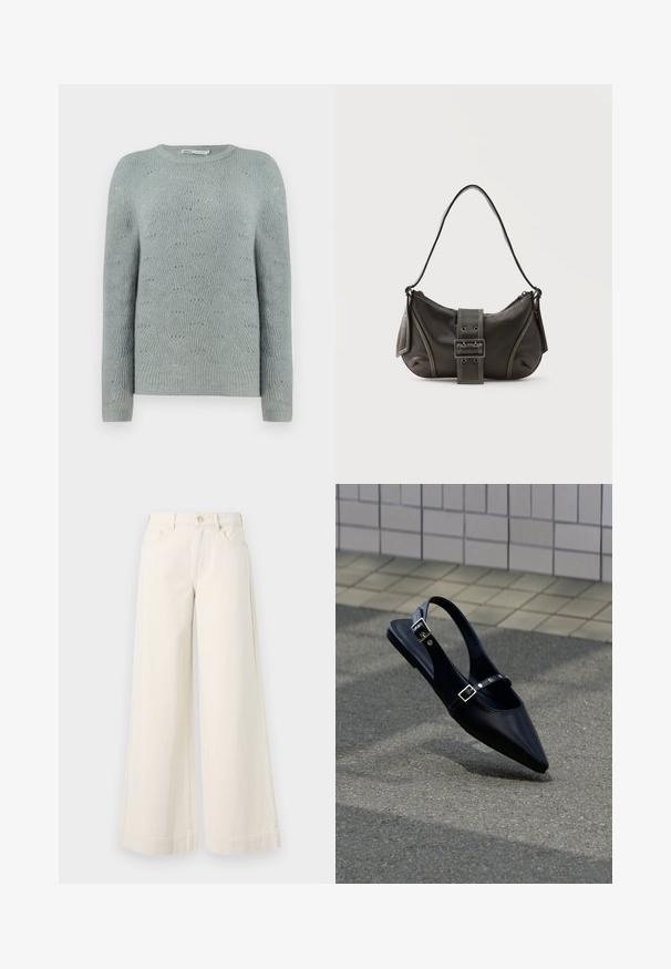 Pull en maille bleu clair avec un col rond, des manches longues et un motif en vagues texturé sur l'ensemble du tissu.; Pantalons en denim beige clair à jambes larges, taille haute, avec deux poches avant, fermeture à bouton et détails de couture subtils.; Mocassin noir à bout pointu et bride arrière, avec double boucle, posé sur un asphalt gris près d'un mur carrelé en arrière-plan.; Sac à épaule en cuir noir avec une sangle à boucle, des bords arrondis et des coutures blanches contrastées sur un fond uni.