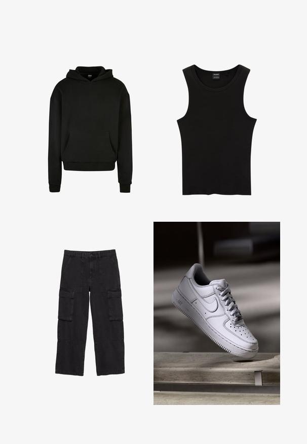 Schwarzer Kapuzenpullover aus weichem Stoff, mit einer Fronttasche, gerippten Bündchen und einem lässigen Schnitt.; Schwarzes, geripptes Tanktop mit rundem Halsausschnitt und weiten Armausschnitten, aus einem weichen, dehnbaren Stoff. Marke: Pull&Bear.; Schwarze Cargo-Hosen aus Baumwolle mit lockerer Passform, zwei Vordertaschen und zwei seitlichen Cargotaschen sowie einem flachen Bund.; Weißer Nike Air Force 1 Sneaker aus Leder mit perforierter Zehenpartie, flachen Schnürsenkeln und strukturierter Gummisohle mit "AIR"-Branding an der Seite.
