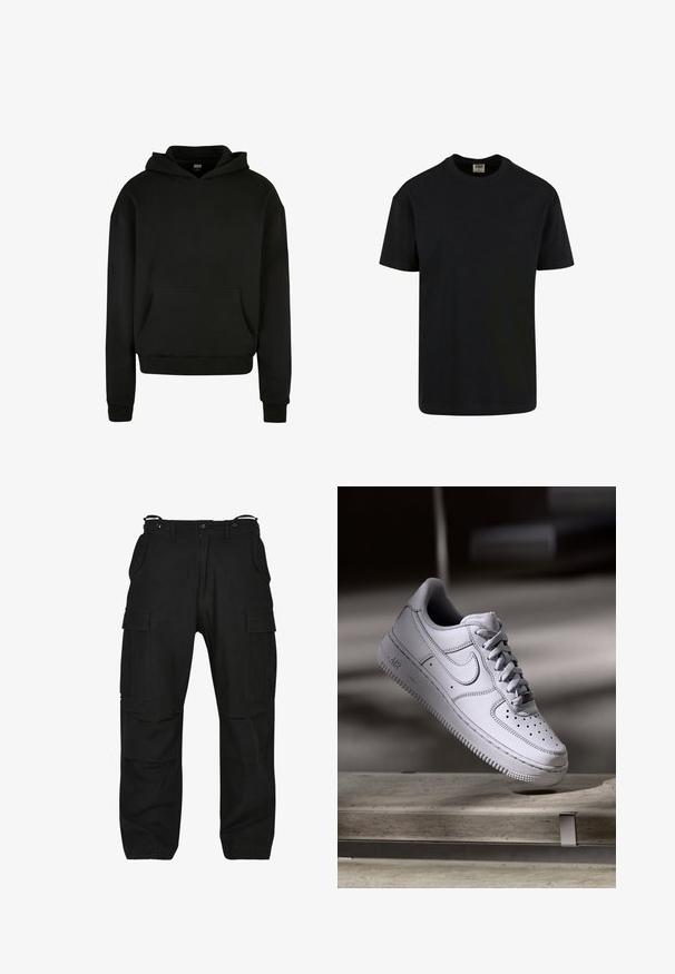 Sweatshirt à capuche noir fabriqué en tissu doux, avec une poche avant, des poignets côtelés et une coupe décontractée.; Urban Classics SHORTSLEEVE - T-shirt basique - black; Pantalons cargo noirs en tissu résistant. Comprend plusieurs poches, une coupe décontractée et une fermeture éclair avec bouton. Couture renforcée sur les coutures.; La basket Nike Air Force 1 en cuir blanc présente un embout perforé, des lacets plats et une semelle en caoutchouc texturée avec le logo « AIR » sur le côté.