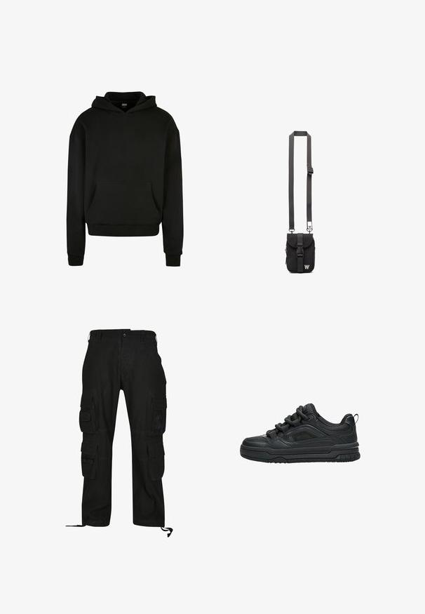 Sweatshirt à capuche noir fabriqué en tissu doux, avec une poche avant, des poignets côtelés et une coupe décontractée.; Pantalons cargo noirs en tissu durable, dotés de plusieurs poches latérales, d'une coupe décontractée et de sangles réglables aux chevilles.; Baskets noires basses avec une semelle épaisse, un col rembourré, des panneaux en mesh et des lacets épais, affichées sur un fond blanc.; Sac en bandoulière noir en tissu avec sangle réglable, rabat avant et poche zippée. Doté de quincaillerie de marque et d'une forme rectangulaire compacte.