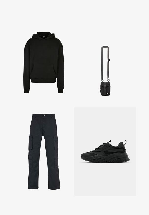 Schwarzer Kapuzenpullover aus weichem Stoff, mit einer Fronttasche, gerippten Bündchen und einem lässigen Schnitt.; Schwarze Cargo-Hose mit geradem Bein, aus strapazierfähigem Material gefertigt. Verfügt über mehrere Seitentaschen und einen Knopfverschluss.; Schwarze Sportschuhe mit einer dicken Sohle, Mesh-Einsätzen und Gummidetails. Verfügen über eine Zuglasche an der Ferse und strukturierte Muster.; Schwarze Stoff-Crossbody-Tasche mit verstellbarem Riemen, Klappe vorne und Reißverschlusstasche. Mit gebrandeten Beschlägen und kompaktem rechteckigem Design.