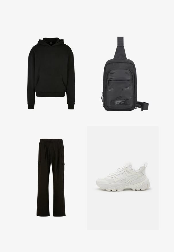 Zwarte hoodie gemaakt van zachte stof, met een voorzak, geribde boorden en een ontspannen pasvorm.; Urban Classics WIDE - Cargobroek - black; Witte sportieve sneakers met een gestructureerde bovenkant, mesh panelen, een opvallende rubberen zool en decoratieve uitsparingen aan de zijkanten.; Zwarte schoudertas gemaakt van duurzaam materiaal, met een gladde voorpaneel met reliëflogo's, een verstelbare schouderband en ritssluitingen.