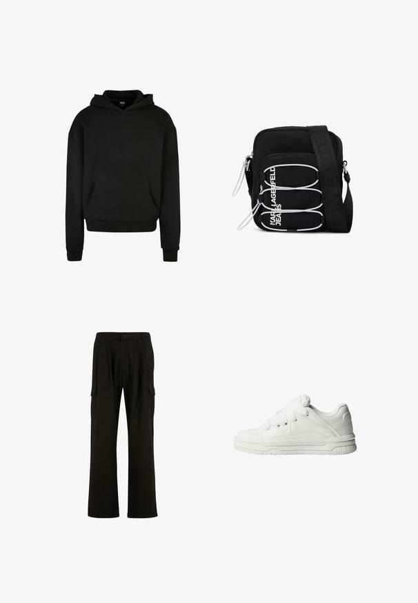 Schwarzer Kapuzenpullover aus weichem Stoff, mit einer Fronttasche, gerippten Bündchen und einem lässigen Schnitt.; Urban Classics WIDE - Cargohose - black; Weiße Sneaker mit glattem Lederobermaterial, gepolstertem Zungenbereich, flachen Schnürsenkeln und strukturierten Akzenten an den Seiten und der Ferse.; Schwarze Umhängetasche mit weißen elastischen Schlaufen, Reißverschlüssen und weißem "KARL LAGERFELD JEANS"-Schriftzug auf der Vorderseite.