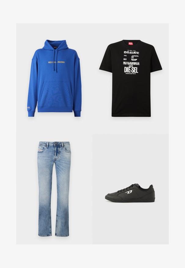 Sudadera azul con un bolsillo canguro en la parte frontal, capucha ajustable con cordón, y el texto "RED BULL RACING" en amarillo a lo largo del pecho. Tejido suave.; Camiseta negra de algodón con gráficos de texto blanco llamativos, que incluyen "DIESEL" e "INDUSTRY", con cuello redondo y mangas cortas.; Vaqueros de mezclilla de color azul claro con un diseño de pierna recta, que cuentan con bolsillos delanteros, cierre de cremallera y un ligero desgastado en toda la tela.; Zapatillas deportivas negras sintéticas con suela negra texturizada, puntera redonda y cordones planos negros. Destaca un logo blanco en el lateral exterior.