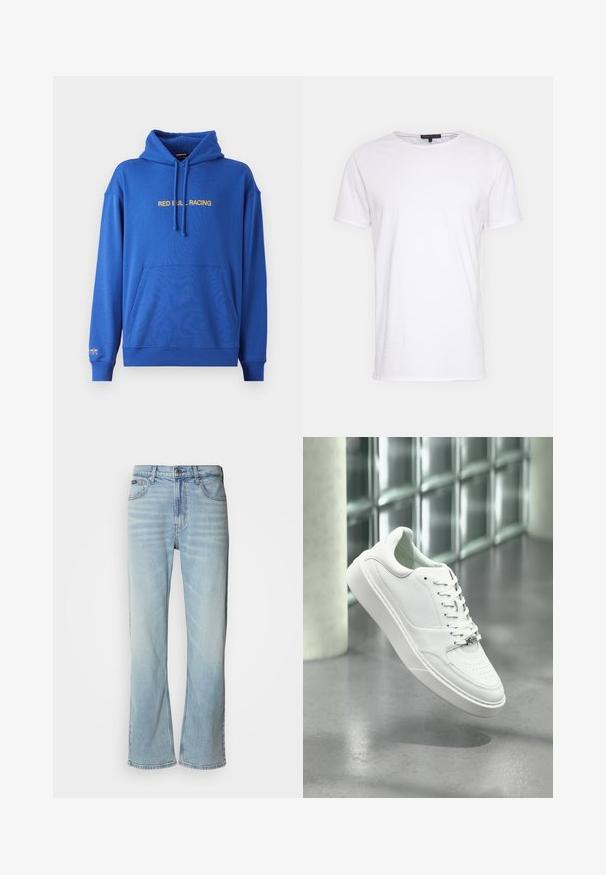Sudadera azul con un bolsillo canguro en la parte frontal, capucha ajustable con cordón, y el texto "RED BULL RACING" en amarillo a lo largo del pecho. Tejido suave.; Camiseta de algodón blanca con cuello redondo, mangas cortas y corte recto. Presenta una textura simple y suave sin patrones adicionales.; Jeans de mezclilla azul claro con corte recto, que cuentan con cinco bolsillos, un cierre de botón y un ligero desvanecimiento en la tela.; Zapatilla deportiva de cuero blanco con punta redondeada, cierre frontal con cordones y suela plana de goma. Presenta detalles perforados y un sutil acento con el logo.