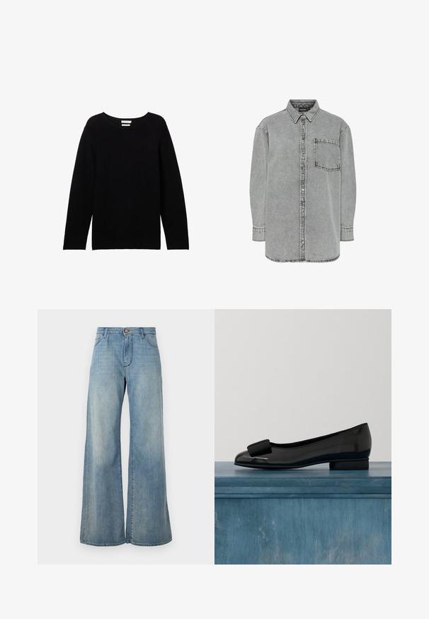 Sort langærmet sweater lavet af ribbet stof med rund halsudskæring og sænkede skuldre, der har en afslappet pasform og ingen synlige detaljer.; Grå denimskjorte med lange ærmer, knaplukning, krave og en enkelt brystlomme. Har en let slidt tekstur.; Lys blå vide jeans lavet af denim. Har en frontknaplukning, bæltestropper og to sidelommer. Ren, minimalistisk design.; Sorte patenterede balletflade med en rund tå, prydet med en sløjfe på fronten og en lav, rund hæl. Glat, skinnende overflade.