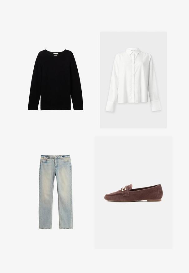 Sort langærmet sweater lavet af ribbet stof med rund halsudskæring og sænkede skuldre, der har en afslappet pasform og ingen synlige detaljer.; Hvid skjorte med lange ærmer, knapper, krave og brede manchetter, vist på en ensartet lys baggrund.; Lyseblå denimjeans med lige ben, der har fem lommer, knaplukning og diskret falmning i hele stoffet.; Brun ruskindsflad loafer med lav hæl og guldfarvet hestebidspænde på toppen, vist i sideprofil mod en lys baggrund.