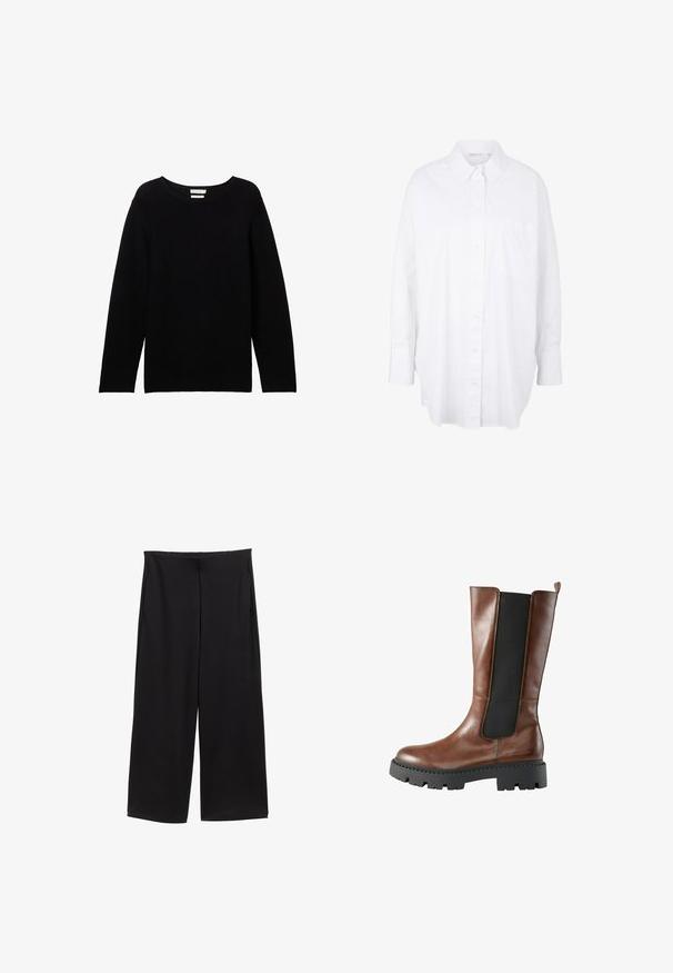 Sort langærmet sweater lavet af ribbet stof med rund halsudskæring og sænkede skuldre, der har en afslappet pasform og ingen synlige detaljer.; Hvid skjorte med knapper lavet af bomuld, med klassisk krave, lange ærmer, en brystlomme og en buet kant for en afslappet pasform.; Sorte bukser med vide ben, høj talje og uden synlige lukninger eller lommer, vist på en hvid baggrund.; Brune læder knæhøje støvler med sorte elastiske sidepaneler, chunky sort gummisål og en flap øverst for nem påtagning.