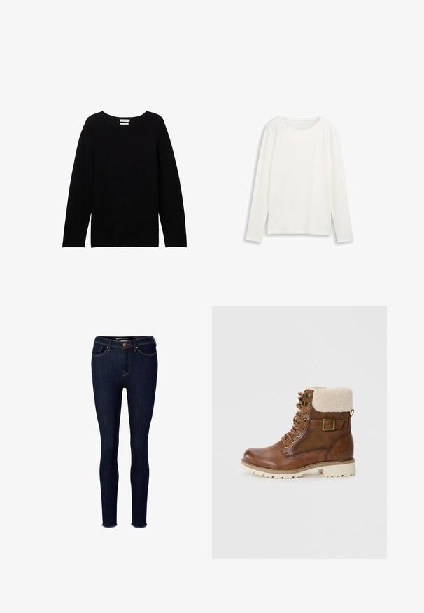 Sort langærmet sweater lavet af ribbet stof med rund halsudskæring og sænkede skuldre, der har en afslappet pasform og ingen synlige detaljer.; Hvid langærmet t-shirt i blødt materiale med rund halsudskæring og lige snit, med sideslidser ved kanten for nem bevægelse.; Mørk denim skinny jeans med høj talje, ravnet kant og orange syninger. Har en frontlynlås, knaplukning og fem lommer.; Brune læder ankelstøvle med en faux fur krave, metal hardware detaljer og en cremefarvet, struktureret gummisål.