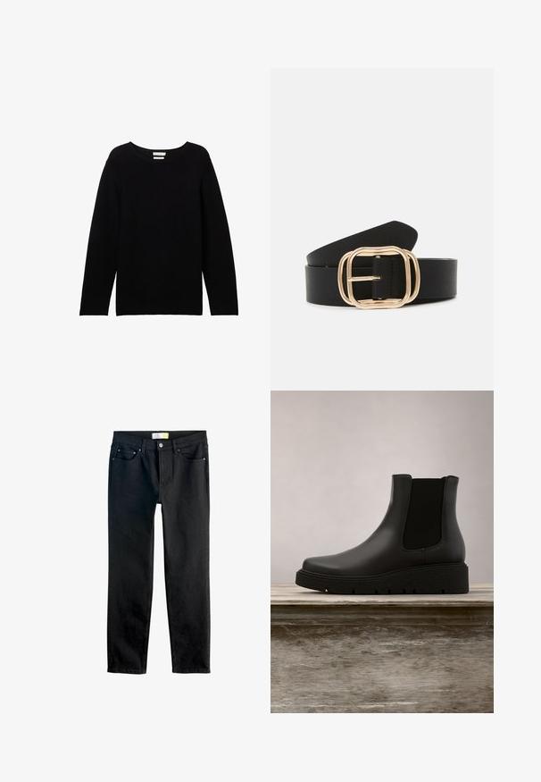 Sort langærmet sweater lavet af ribbet stof med rund halsudskæring og sænkede skuldre, der har en afslappet pasform og ingen synlige detaljer.; Sort denimjeans med tætsiddende pasform, der har lukning med knapper, fem lommer og diskrete syningsdetaljer langs sømmene.; Sorte ankelstøvler med en glat læderoverflade, elastiske sideskinds paneler og strukturerede gummisåler, vist på en træoverflade.; Sort læderbælte med en rektangulær spænde i guldfarve med afrundede kanter, glat tekstur og et stilrent design.