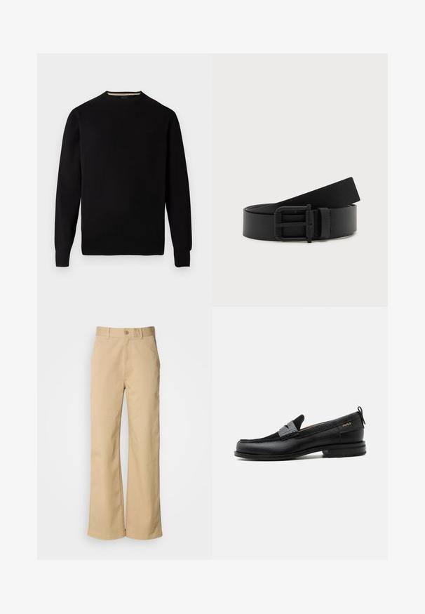 Pull en maille noire avec encolure ronde, poignets et ourlet côtelés, arborant un logo discret sur la poitrine et une bande d'encolure intérieure contrastante.; Pantalon large beige en mélange coton. Fermeture par bouton et passants de ceinture. Texture lisse, avec des détails de couture minimaux.; Mocassin en cuir noir avec détail de bride grise, talon bas et semelle texturée, marqué "HUGO" en or sur le côté.; Ceinture en cuir noir enroulée avec une boucle en métal noir mat sur fond blanc.