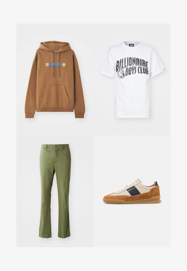 Hoodie marron en tissu mélangé. Présente une poche avant, une capuche avec cordon de serrage et un graphique coloré "KIDSUPER" avec des accents floraux.; T-shirt en coton blanc avec le texte "Billionaire Boys Club" en grande police noire, accompagné d'un graphique d'astronaute à gauche. Manches courtes.; Pantalon en lin vert olive avec une coupe droite, doté d'une fermeture à bouton sur le devant et d'une texture subtile. Pas de motifs ni d'accents.; PS Paul Smith DOVER - Baskets basses - cognac/off-white