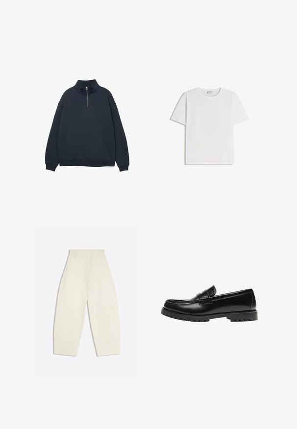 Sweat-shirt bleu marine foncé avec un col haut et une fermeture éclair quart. Fabriqué à partir d'un tissu doux, il présente des épaules tombantes et des poignets côtelés.; T-shirt en coton blanc avec un col rond et des manches courtes. Présente une coupe classique et carrée, sans motifs ni accents visibles.; Pantalon crème taille haute à jambes larges, avec poches arrière et passants de ceinture, présenté à plat sur un fond clair.; Mocassin en cuir noir avec une semelle en caoutchouc épaisse et un détail classique de bride à monnaie, vu de côté extérieur.