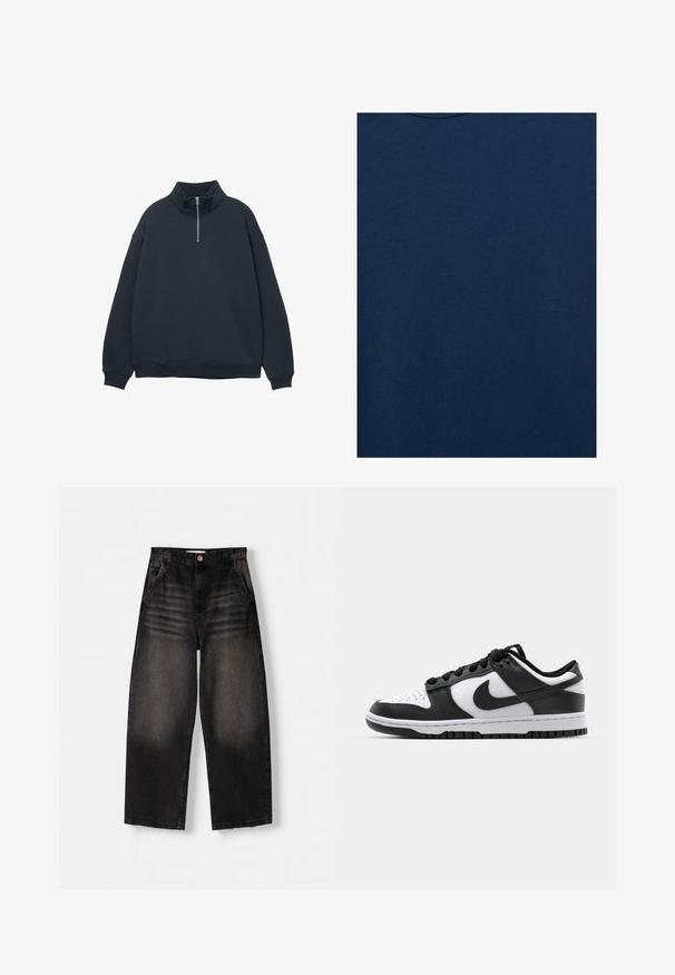 Mørk navy sweatshirt med høj krave og kvart lynlås. Fremstillet af blødt stof, med dropped shoulders og ribbede manchetter.; Ensfarvet marineblåt stof med ingen synlige mønstre eller genstande.; Sorte denim bukser med vid ben, der har et falmet design, fem lommer, knaplukning og subtile slidte detaljer foran.; Sort og hvid Nike Dunk sneakers med læderoverdel, perforeret tå, sorte snørebånd og en sort gummisål med slidbanedesign.