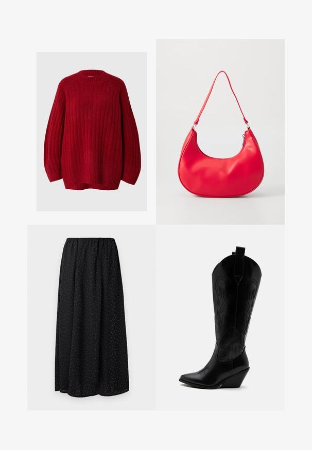 Pull rouge à côtes avec un col rond, des manches tombantes et une coupe décontractée. Fabriqué en tissu texturé avec une apparence chaude et douce.; Jupe noire en tissu léger avec une taille froncée. Elle présente un motif de petits pois blancs sur l'ensemble du tissu.; Botte de cowboy en cuir noir avec bout pointu, talon bloc incliné, couture décorative et languettes en haut sur fond blanc.; Sac à épaule en simili cuir rouge au design courbé, avec une bandoulière fine et une fermeture éclair. Texture lisse avec des détails de couture visibles.